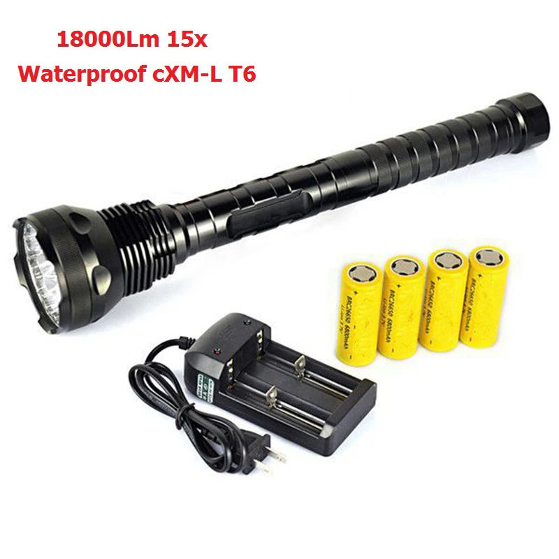 

Super Bright 18000 Lumens LED portable Tactical Defense Flashlight 15x XM-L T6 5 Mode LED Torch Light+4x26650 battery + Charger