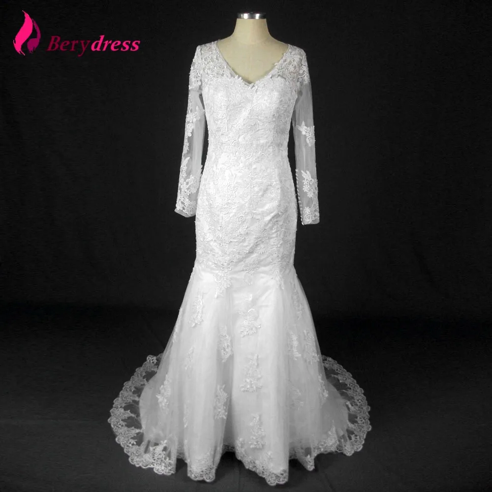 Berydress Real Image Wedding Trumpet Lace Appliques Full Sleeves Bridal Dress See Through V neck