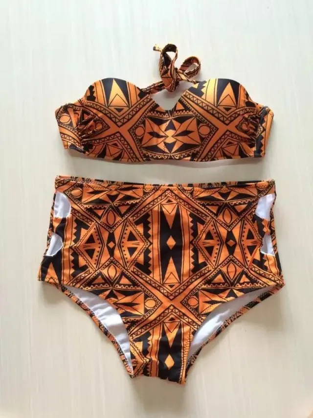 

JIGERJOGER 2016 Orange Aztec Print Halter Swimsuits two pieces swimwear for women Plus size Padded Bra Geometric Pattern Bikini