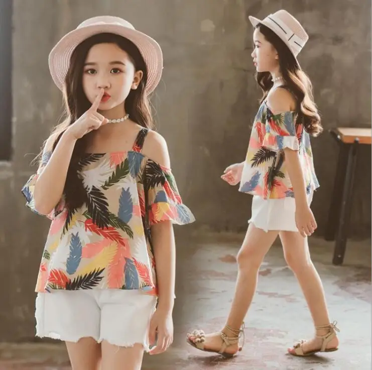 

Girls Summer Clothes Sets Off-Shoulder Cotton Bohemian Print Tops Shirts White Shorts Outfits ensemble fille For 6 8 10 12 14 Y