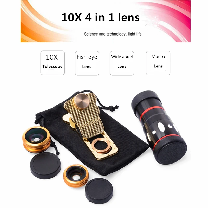 bilder für Orbmart Universal 4 in 1 Clip 10X Zoom Teleskop Fisheye Weitwinkel Makro-objektiv Für iPhone SE 6 6 S Plus Samsung S7 S6 Redmi telefon bilder für Orbmart Universal 4 in 1 Clip 10X Zoom Teleskop Fisheye Weitwinkel Makro-objektiv Für iPhone SE 6 6 S Plus Samsung S7 S6 Redmi telefon