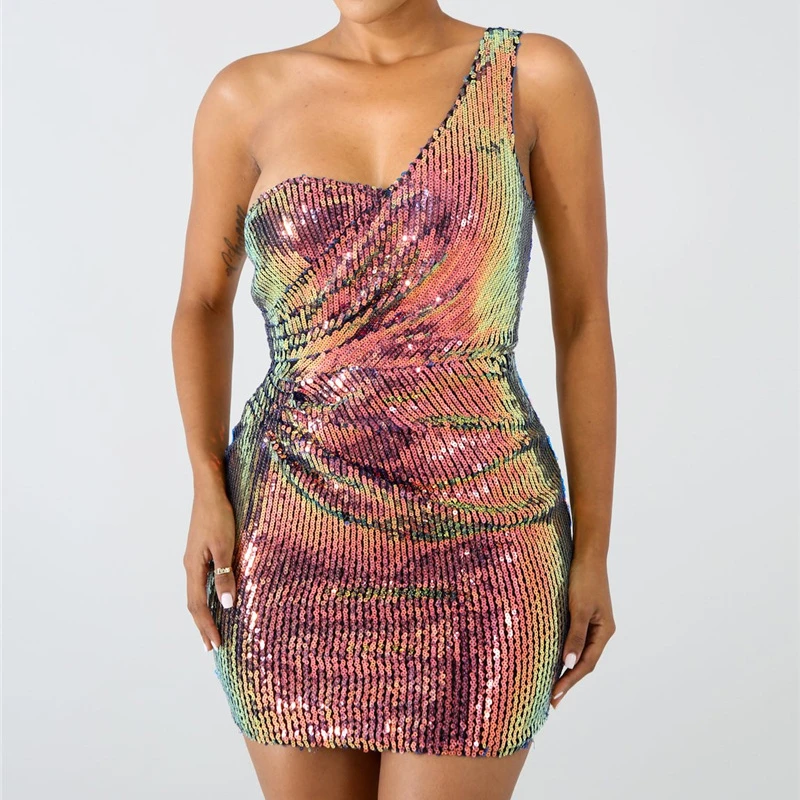 

Colorful Shiny Sequins One Shoulder Zipper Mini Dresses Low Cut Backless High Waist Sexy Women Bodycon Dress Clubwear Summer