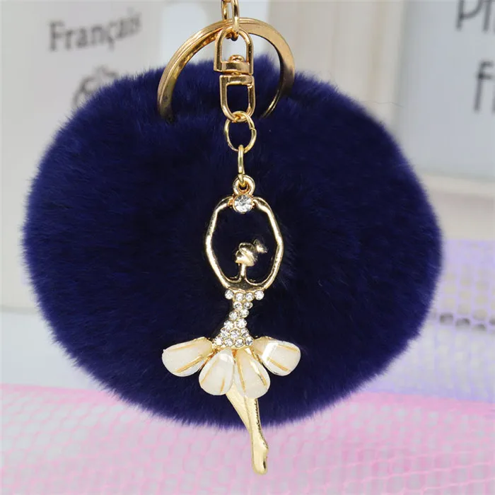 Fashion Crystal Ballet Dancing Fairy Faux Rex Rabbit Fur Ball Pom Pom Gold Key Chains Woman Bag Charms Keyring Car Ring Trinket (11)