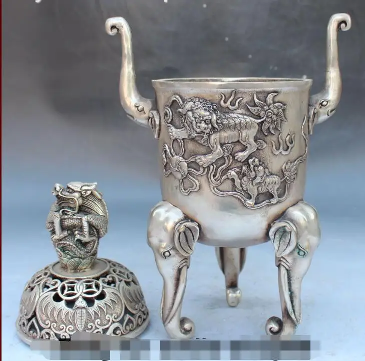 

S2228 12" Chinese Silver Dragon Lion Bat Elephant Incense Burner Censer Statue discount 30% (C0324)