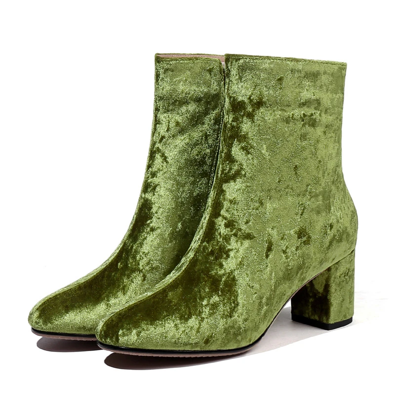 Женские ботильоны из флока; сезон осень-зима; модные женские ботинки на среднем квадратном каблуке; цвет черный, зеленый, фиолетовый, коричневый; обувь с острым носком; A302 - Цвет: Green