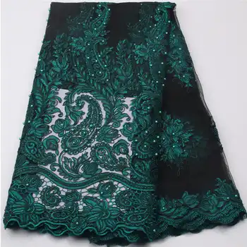 Dark Green Nigerian french net lace tulle embroidered swiss voile african lace fabrics with stones beads 5yards/lot NA539B-2