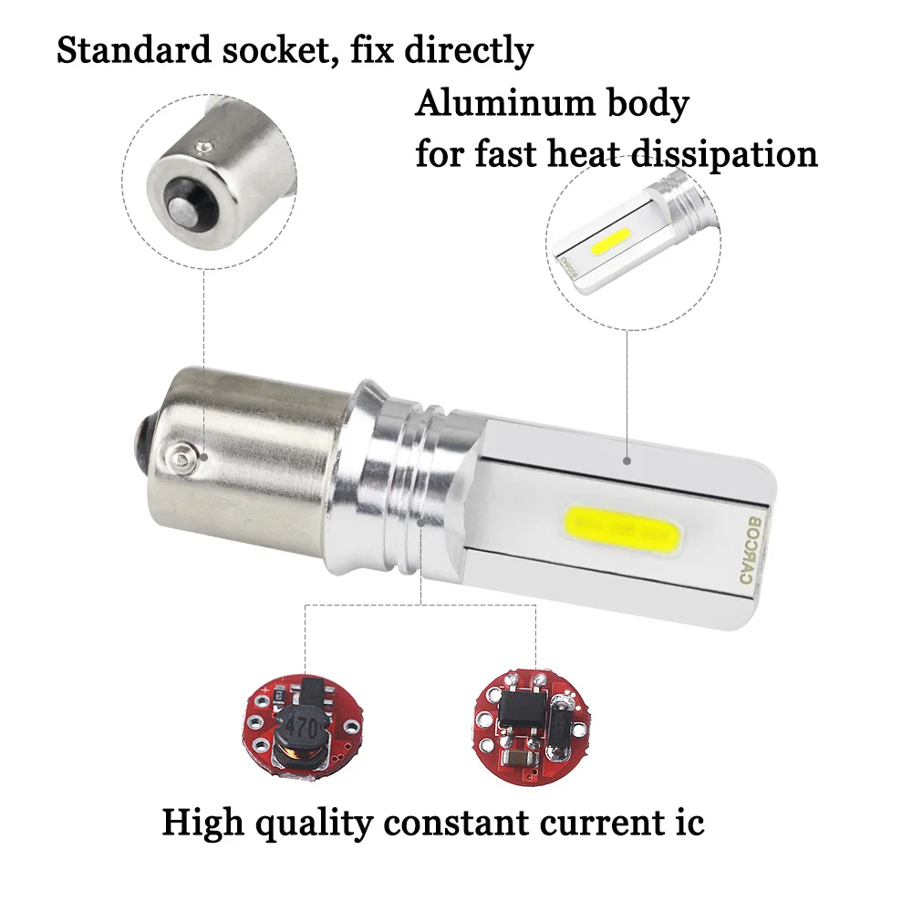 2 шт. S25 1156 BA15S p21w COB 36 чипов Алюминиевый корпус 1157 BAY15D 3 Вт 0.24A 6500K белая