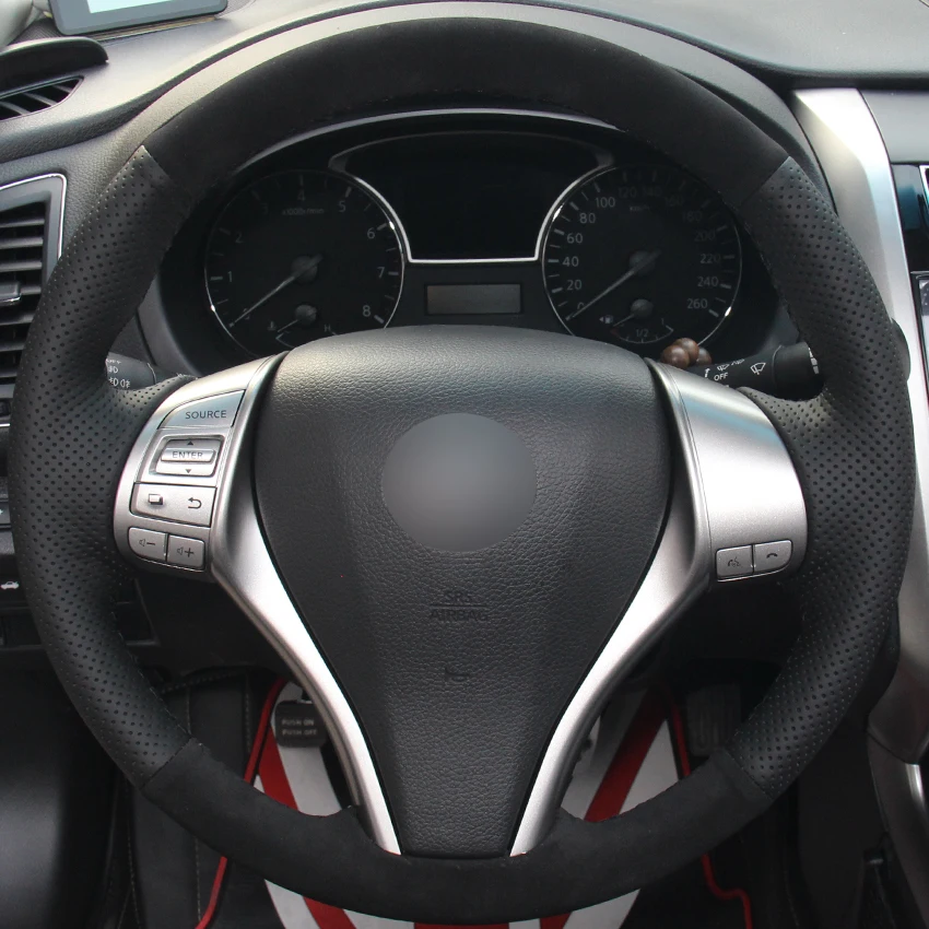 Black Natural Leather Black Suede Car Steering Wheel Cover for Nissan