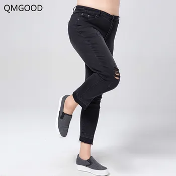 

QMGOOD Women's Jeans Large Sizes Black Women's Jeans with High Waist Denim Pencil Pants Ripped Jeans Stretch Skinny Jeans Woman