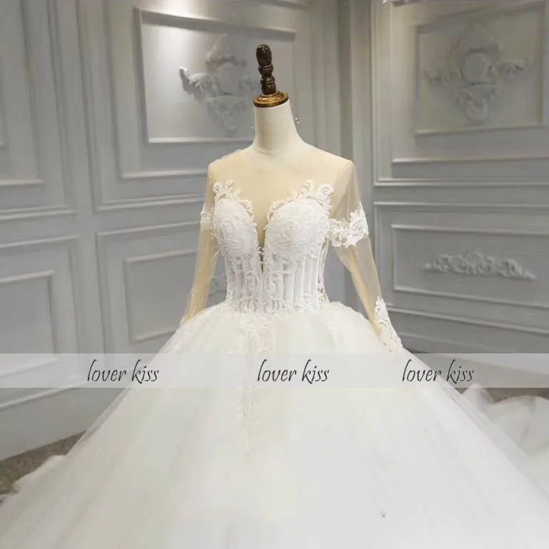 Lover Kiss Vestido De Noiva Свадебные платья с длинными рукавами, Украшенные бусинами и жемчугом, свадебное платье принцессы, брюйдсюркен, Robe de mariee