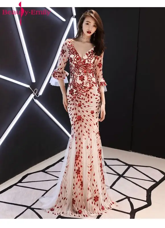 

Beauty Emily Sexy Mermiad Red Evening Dresses 2018 V Neck Long Formal Evening Gowns Party Prom Formal Party Dresses