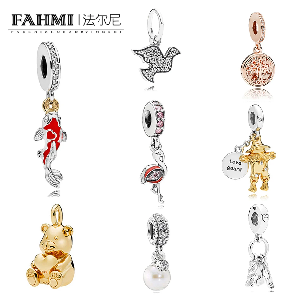 

FAHMI 100% 925 Sterling Silver Bear Scarecrow Flamingo Pigeon GOOD FORTUNE CARP HANGING CHARM Luminous Dangle For DIY Bracelet