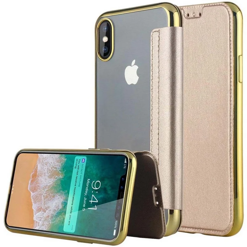 Модный тонкий Чехол-книжка с гальваническим покрытием для iPhone X 10 XR XS Max 5 5S SE 6 6S 7 8 8 Plus 11 Pro, прозрачный чехол с отделениями для карт - Цвет: Champagne