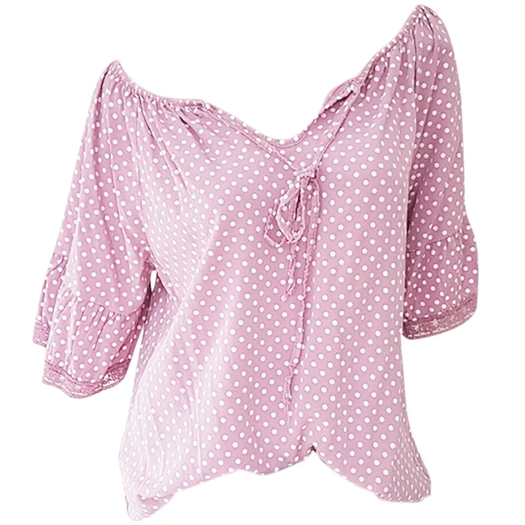 

FREE OSTRICH Women Shirts Polka Dot Lace V-Neck Large Size Half Sleeve Loose Thin Trend Elegant Noble Vogue Summer Blouse Shirts