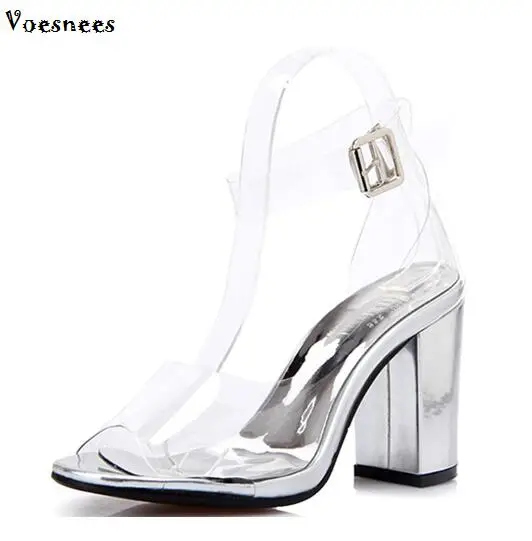 

High Quality all Transparent Peep Toe Sandals Women Shoes Thick heel High-heeled Comfortable Crystal Lady Shoes Size 34-40