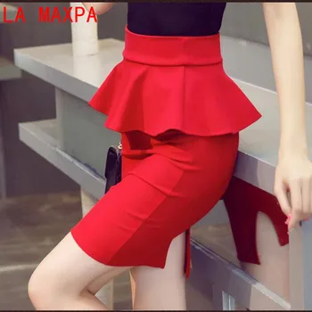 

Plus Size Women Pencil Skirts Ruffles 2019 Summer Fashion Korean Casual Ladies Bodycon Skirts Elegant Open Slit Skirts Red Black