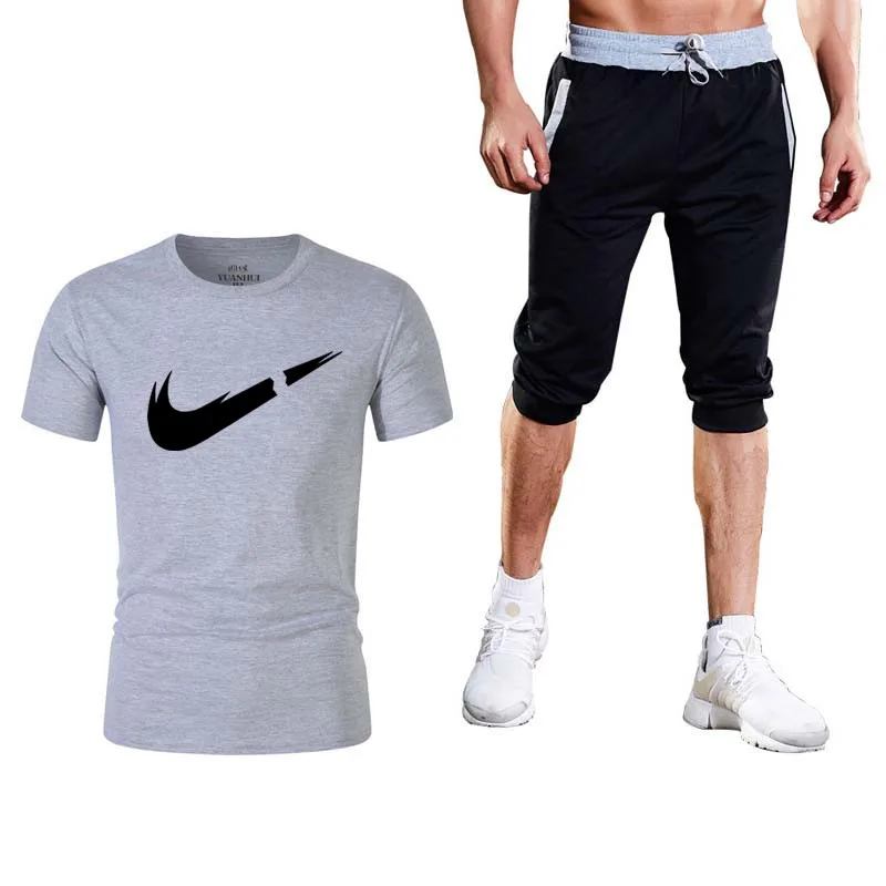 Летняя мода Мужская двухсекционная футболка + брюки костюм Мужская футболка модная брендовая печать футболка Высококачественная