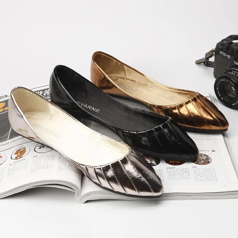 European Style Luxury Womens Silver Flats Shoes Spring New Pointed Toe