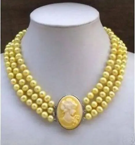 

Miss charm Jew.769 3Row Yellow Pearl Necklace Cameo Beauty Clasp