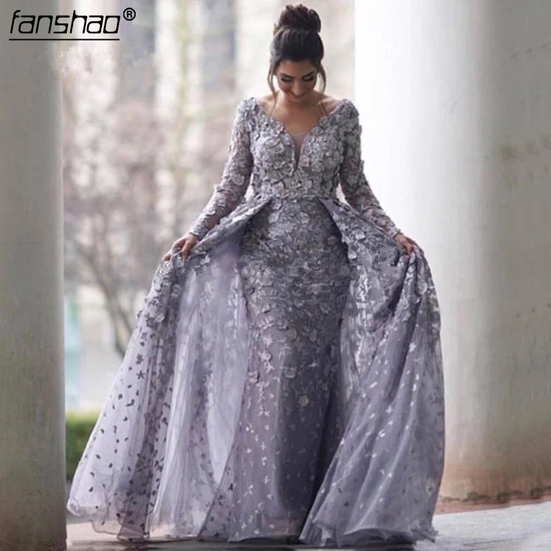 

Silver Muslim Evening Dresses Mermaid 2019 V-neck Long Sleeves Tulle Lace Islamic Dubai Saudi Arabic Long Formal Evening Gown
