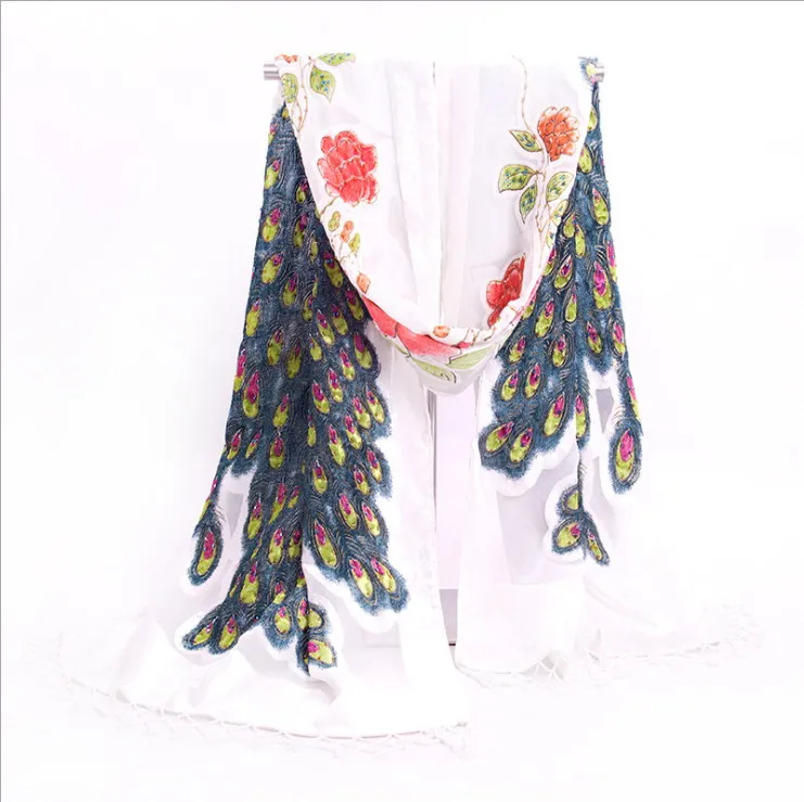 Модный шарф, шарф, женский Шелковый велюровый длинный вышитый павлин Шаль, Шарф, шарфы, много цветов, шаль