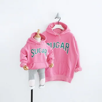 

Girls Pink Hoodies Family Matching Sweatshirts Mommy and Me Kid Clothes Mom and Daughter Dresses Mom Son Outfits Winter Fur Sets