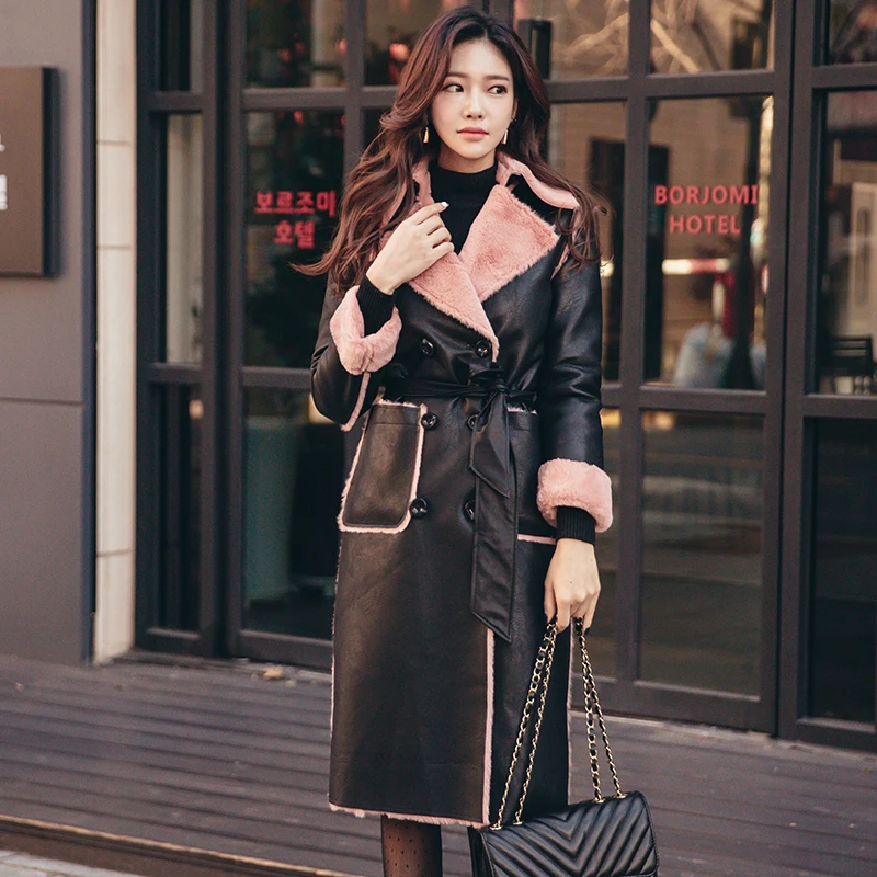 Новая мода весна осень утолщаются двубортные с длинными рукавами отложной воротник карманы Свободное пальто женские кожаные пальто CY465