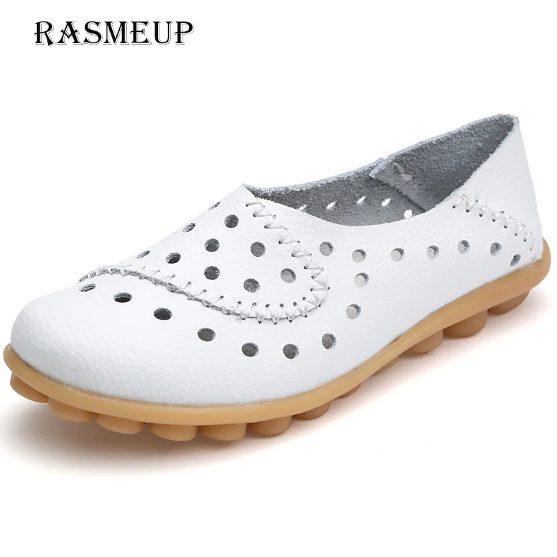 

RASMEUP Genuine Leather Women's Cutout Loafers 2018 Summer Women Slip On Soft Ballet Flats Casual Woman Ballerines Flat Shoes