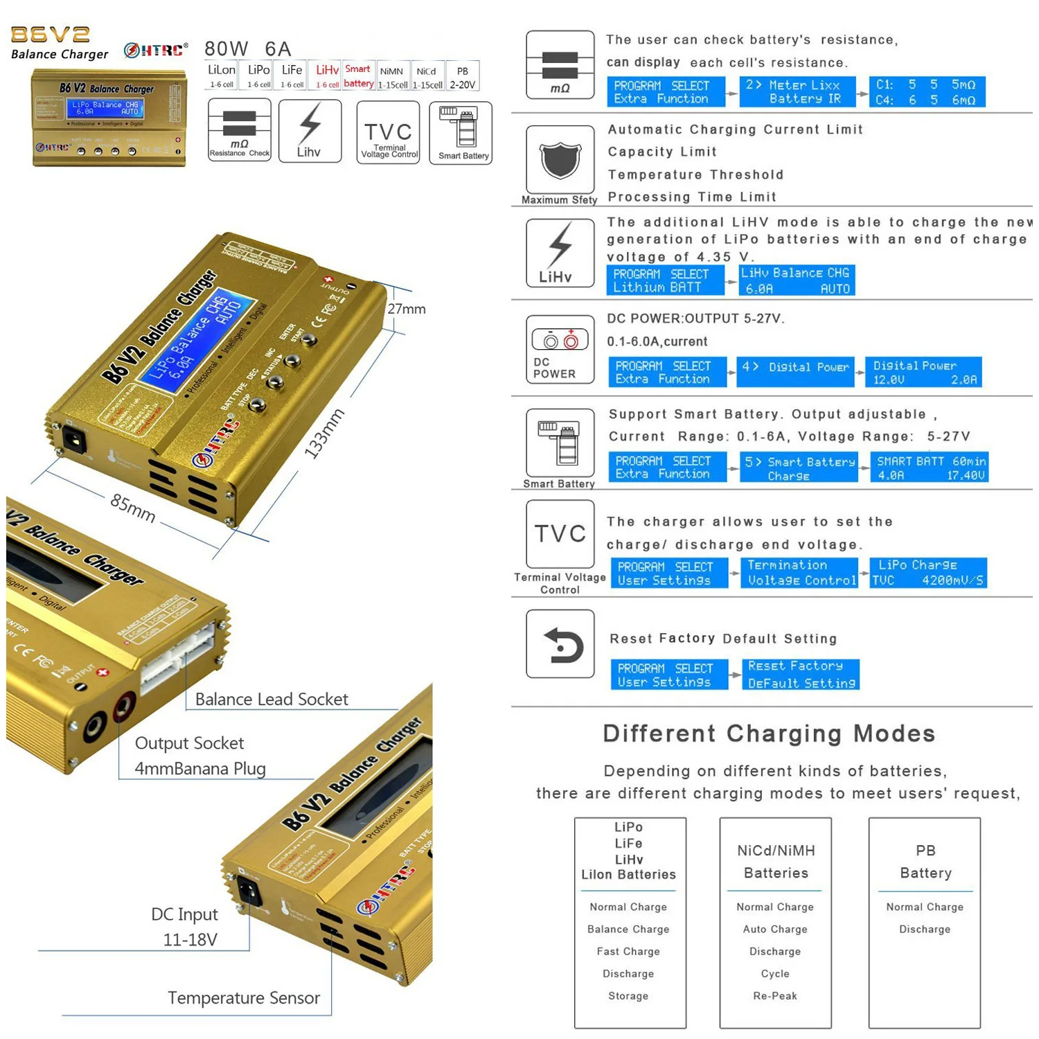 ГФЭ HTRC B6 V2 80 Вт 6A DC RC Multi-Зарядное устройство для lipo Liion LiFe NiCd NiMH LiHV PB Smart Батарея multi-химия баланс Ch