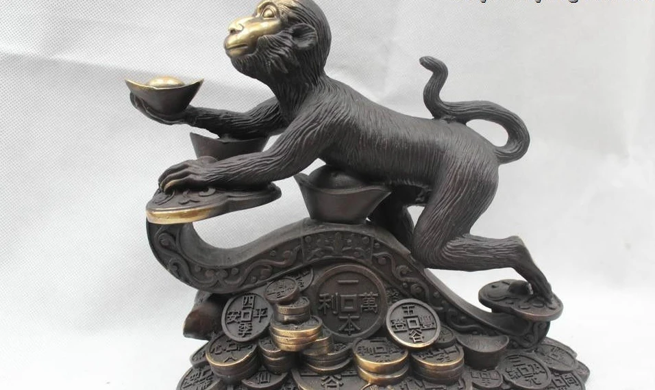 

8"Chinese Fengshui Bronze Zodiac Year Money drawing Yuan Bao Monkey Statue