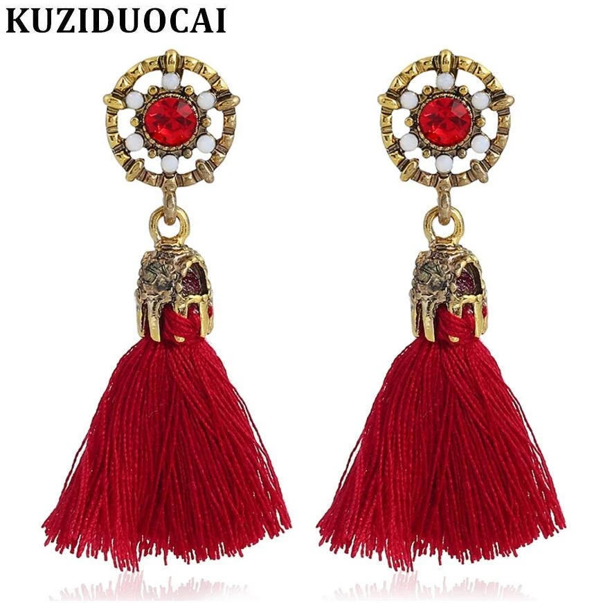 Kuziduocai New Fashion Trend Fine Jewelry Vintage 4 Colors Bronze Rhinestones Flower Tassel Stud