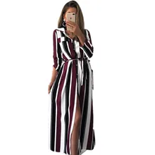 Party Dress Office Ladies Striped Sashes Long Dress Women Turn-Down Collar Beach Shirt Dress Casual Fashion Women Elegant Dress fashionable striped shirt collar high low dress for women