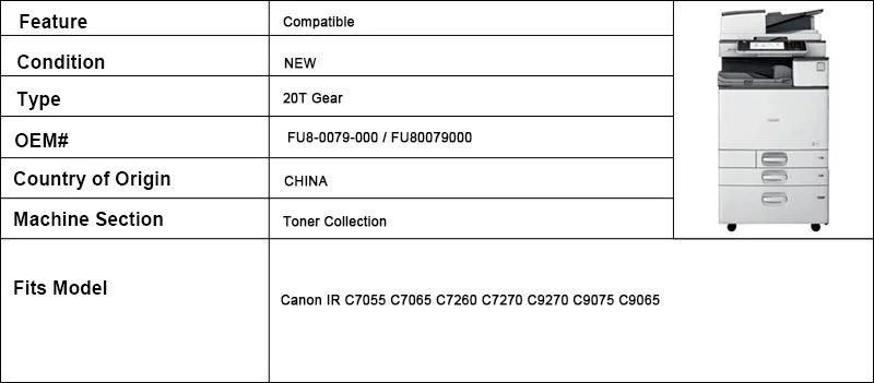 FU80079000  20T Gear  feed gear  For Canon IR Advance C7055 C7065 C7260 C7270 C9065 C9075 C9280 IRC 7055 7065 7260 7270 9065