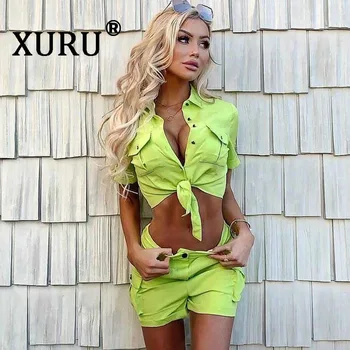 

XURU summer new women's lace denim shorts jumpsuit two-piece sexy casual denim jumpsuit suit