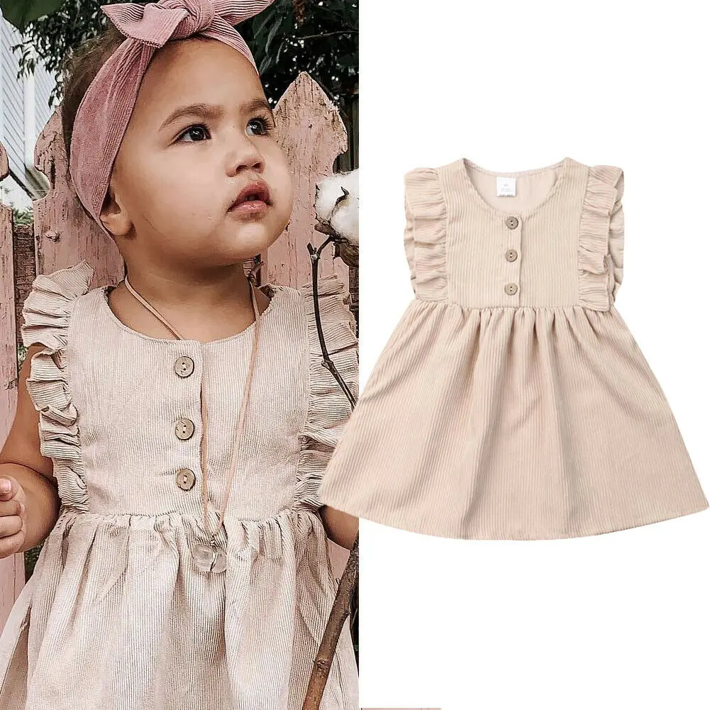 

2019 Baby Summer Clothing Toddler Baby Girl Solid Dress Ruffles Sleeveless Princess Casual Dress A-Line Party Lace Sundress 1-6Y