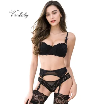Varsbaby sexy lace push up underwear set half cup bra+panties+garter+stockings 4 pcs for women
