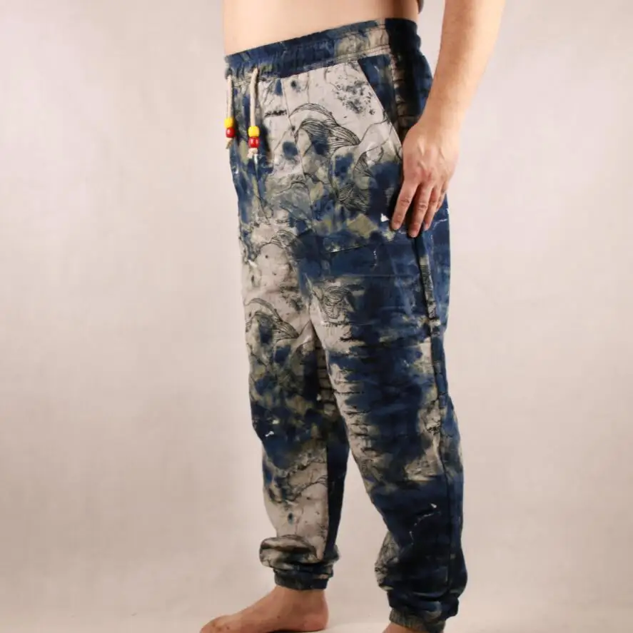 Мужские льняные штаны дизайн Брендовые брюки мужские повседневные Украшенные шаровары мужские джоггеры Длинные Стильные штаны с цветочным принтом