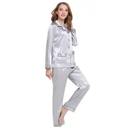 Осенняя женская обувь шелка с длинными рукавами брюки пижамы набор отказаться кнопку шелк Домашняя одежда эластичные Белье с карманом