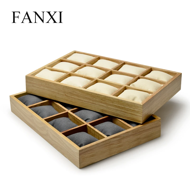 

FANXI New Solid Wood 12 Grids Jewelry Display Tray Watch Bangle Organizer with Microfiber insert 2 Colors Options