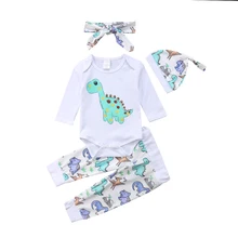 

0-18M Newborn Baby Boy Girl Dinosaur Party Romper Top and Pants Hat 4Pcs Cotton Outfits Cute Cartoon Clothing