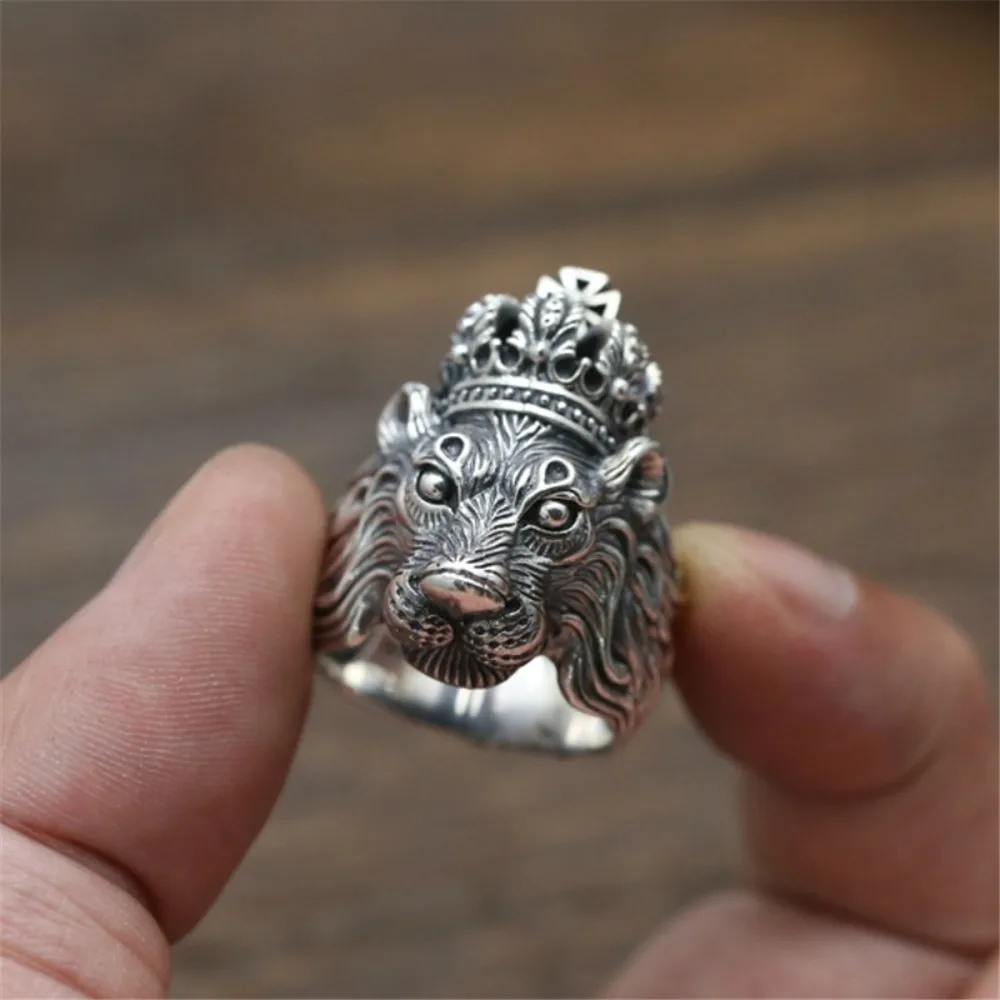 Европейский властный Корона Король Лев кольца Панк животное мужской юзук ювелирные изделия бохо тайское серебряное кольцо необычные подарки для мужчин Размер 6-13