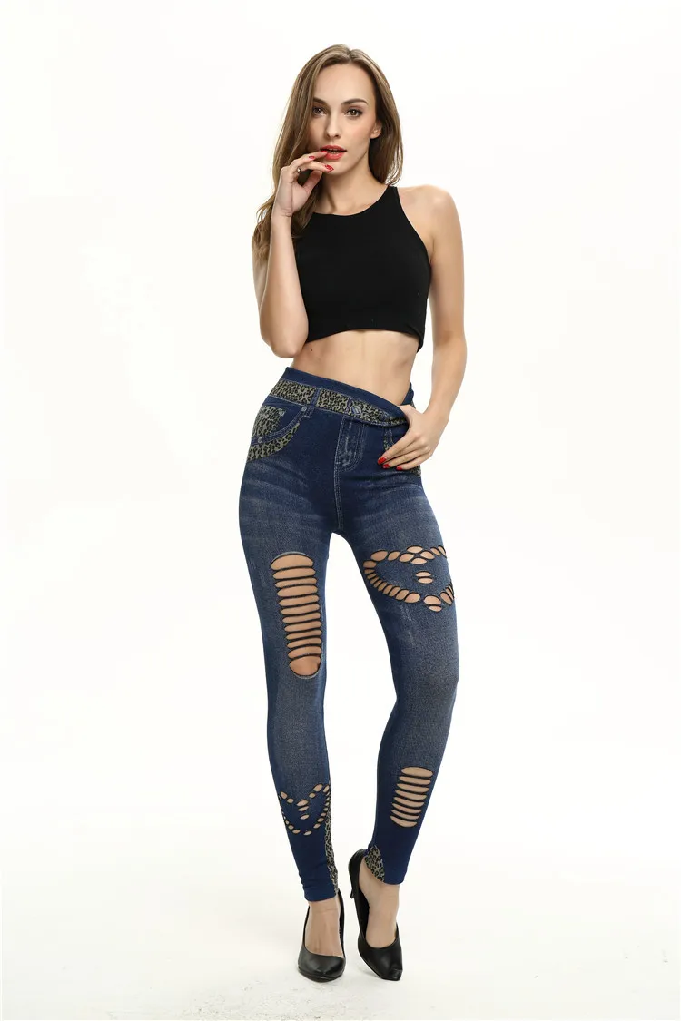 Fashion Slim Women Spring Summer Leggings Faux Denim Jeans Leggings Long Floral Printing Casual Pencil Pants Thin Fleece Inside white leggings