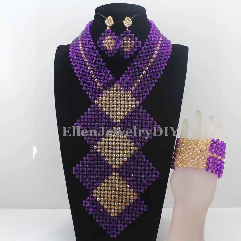 

2019 New Purple Crystal Bib Statement Necklace Set Traditional Nigerian Wedding Jewelry Set for Brides Free Shipping W12984