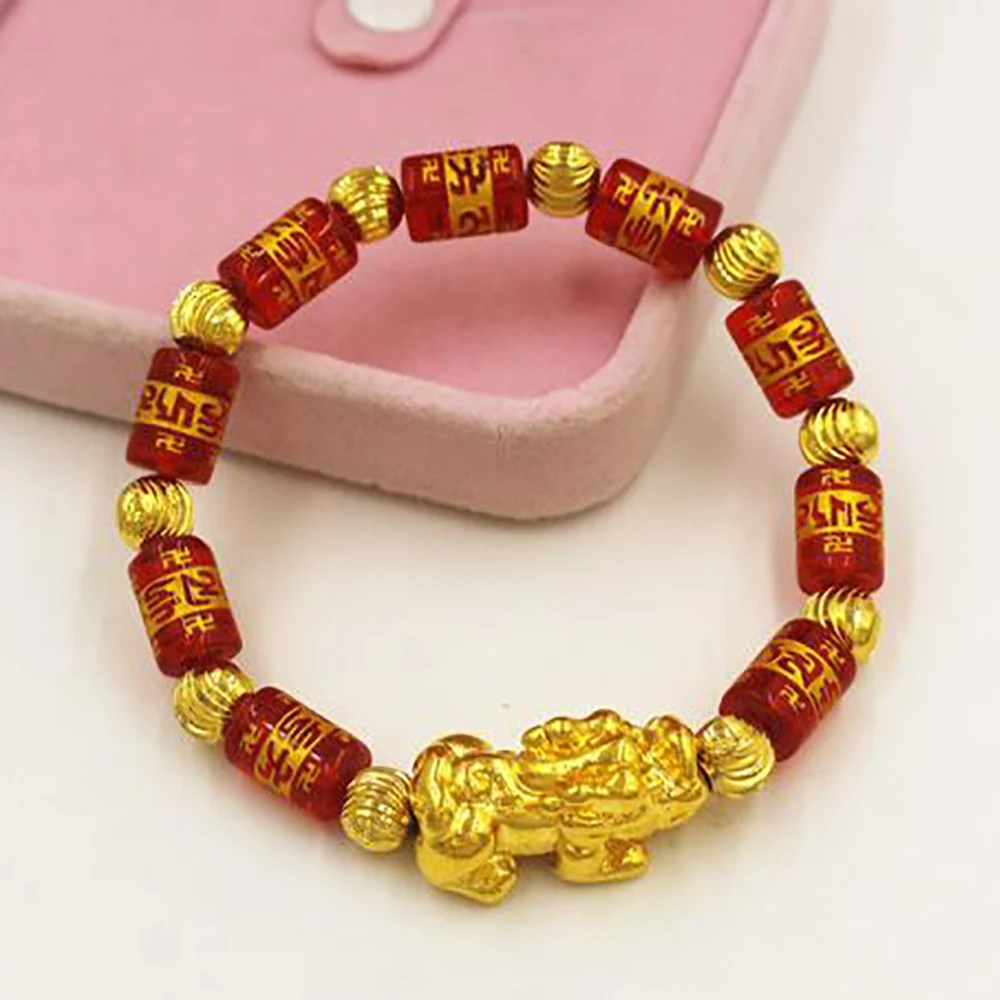 

New Styles Obsidian red beads six-word mantra pixiu sand gold bracelet