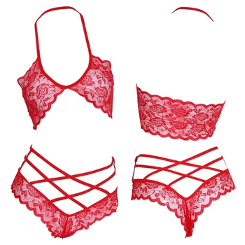 

Women Sexy Hollow Out Lace Top Bra + Cross Panty Underwear Lingerie Set