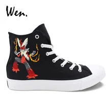Вэнь Дизайн Ручная роспись черная обувь Покемон Blaziken аниме высокие парусиновые унисекс кроссовки для мальчиков и девочек Веревка на плоской подошве