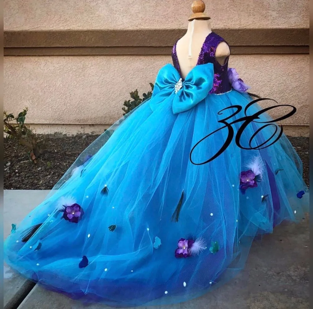 Фиолетовое платье с цветочным узором для девочек длинный шлейф, открытая спина, блестящий топ с голубым фатиновым бисером, кристаллы, вечернее платье для выпускного вечера