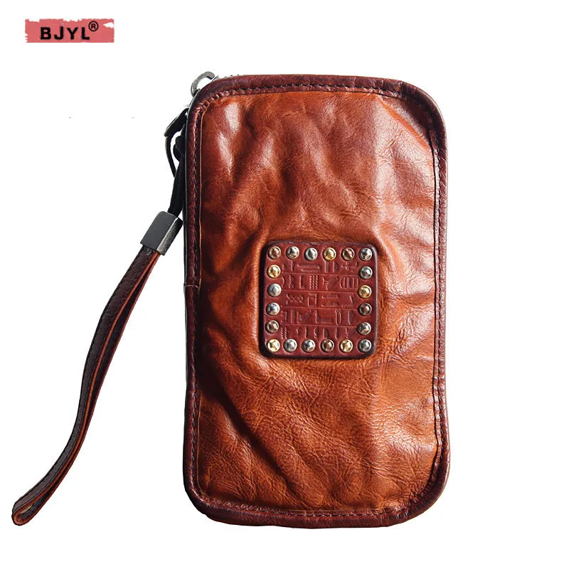 

Men long wallet luxury brand first layer of leather Genuine leather zipper handbag large - capacity hand Vintage wallets Purse