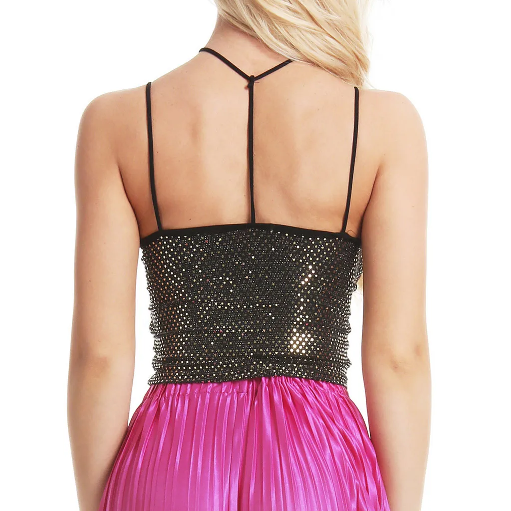 COSIN New Summer Women crop top Fashion Solid O-Neck Sleeveless Camis Sequined Causal Top Causal Shirts tank top 9617