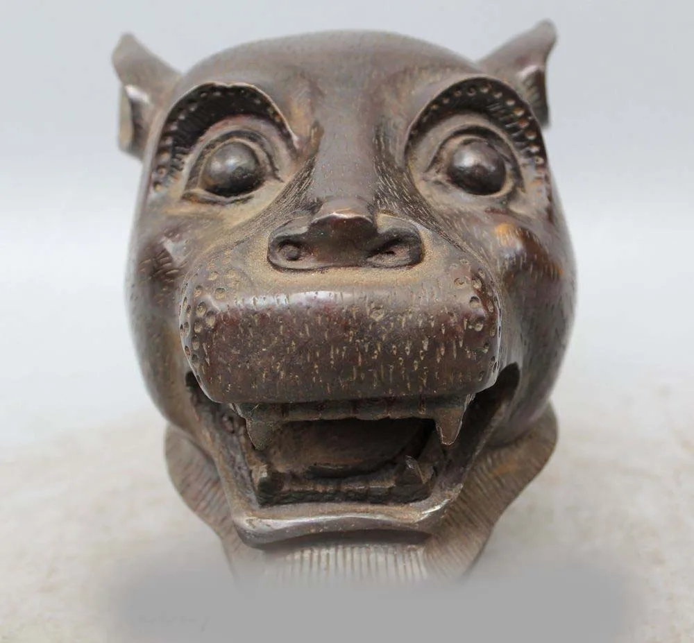 

8" Chinese Bronze Folk ferocious Zodiac Year Tiger Head Bust Statue sculpture